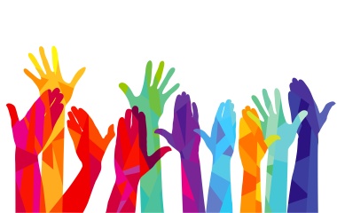 many-coloured hands raised